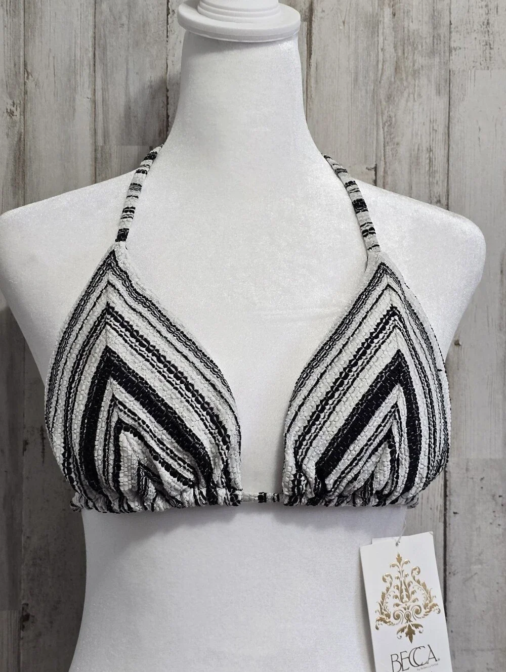 Becca Black White Silver Striped Textured Triangle Fringe Bikini Top Size Large
